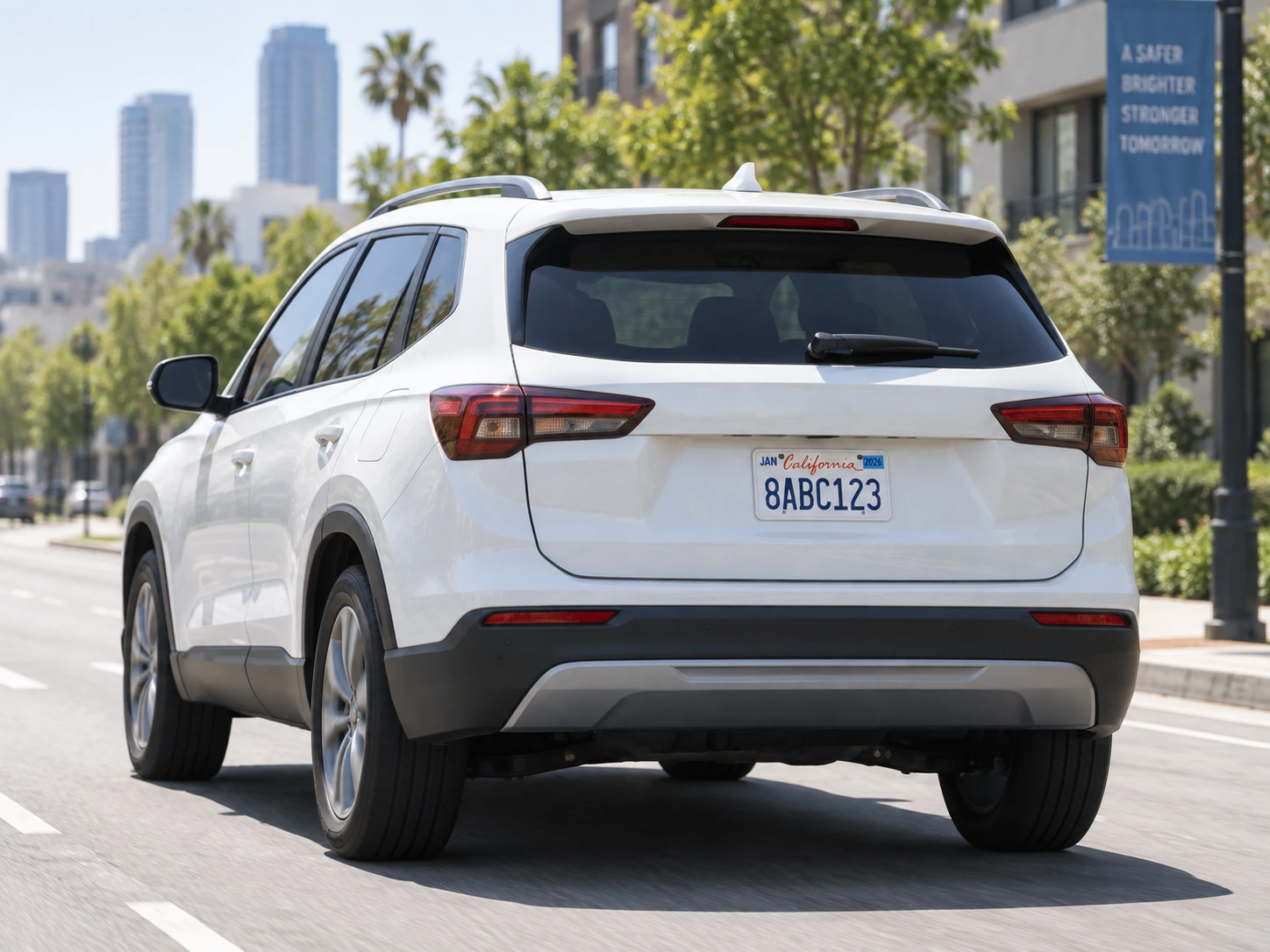 Illustrative rear view of a white SUV with a dummy license plate reading 8ABC123.